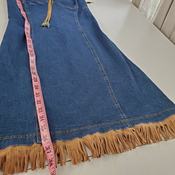 A List By Wrapper Womens Denim Turquoise Beaded Fringe Dress Size M Western Y2K - Picture 10 of 11